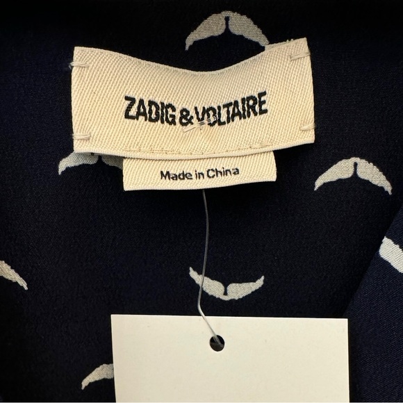 Zadig & Voltaire Turin Polka Wings Silk Balloon Sleeve V-Neck Button-Up Top - Picture 5 of 6